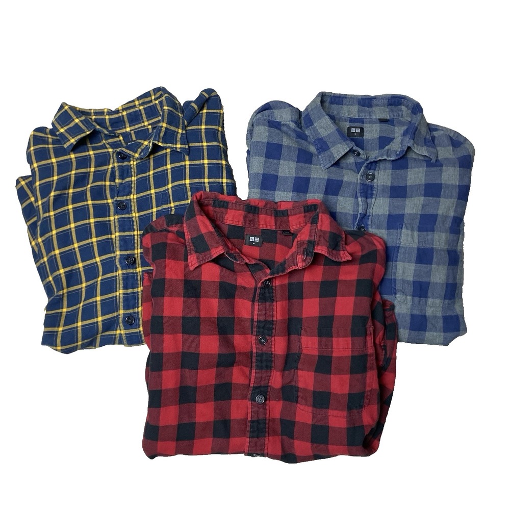 LOT OF 3 Uniqlo Mens Medium Long Sleeve Flannel Shirts Plaid Buffalo Check M